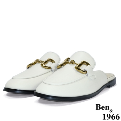 Ben&1966高級頭層牛皮流行舒適穆勒鞋-米白(216223)