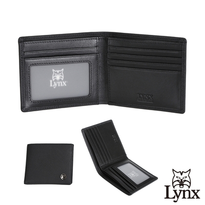 【Lynx】美國山貓十字紋精選牛皮5卡透明窗短夾-黑色