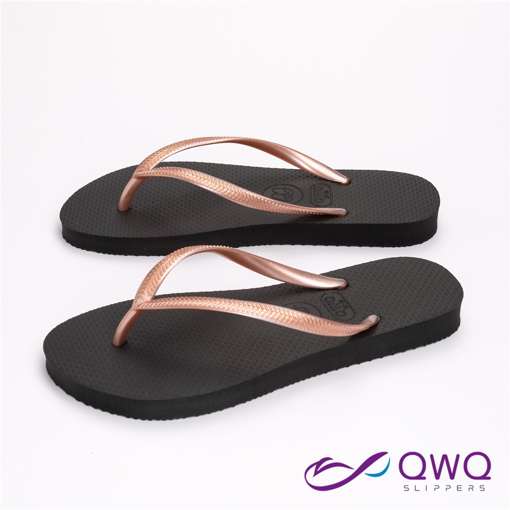 QWQ女生素面防滑夾腳拖-Slim跳色系列-黑底粉金帶-時尚休閒涼拖鞋(AAAA11005)