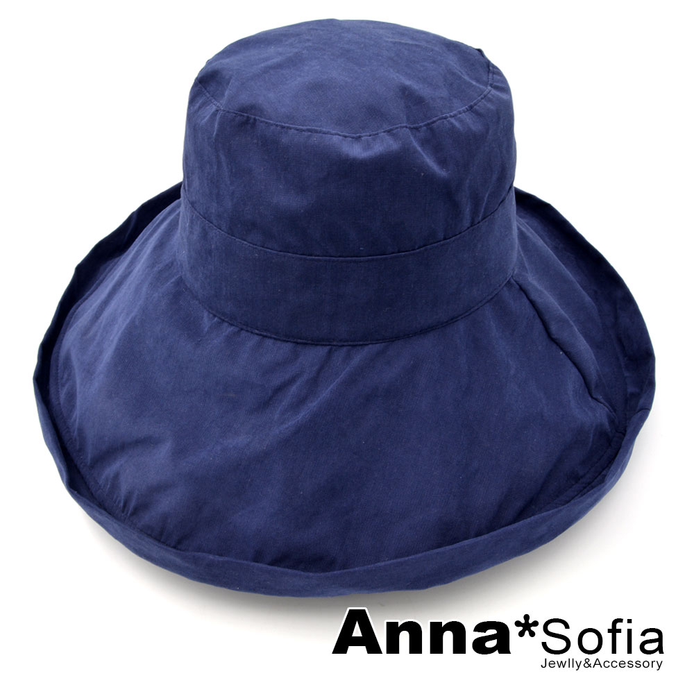 AnnaSofia 圈層小翻摺邊 超寬簷遮陽防曬漁夫帽(藏藍系)