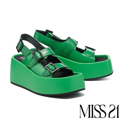 涼鞋 MISS 21 微酸潮酷少女漆皮方釦雙繫帶撞色車線大頭水台厚底涼鞋－綠
