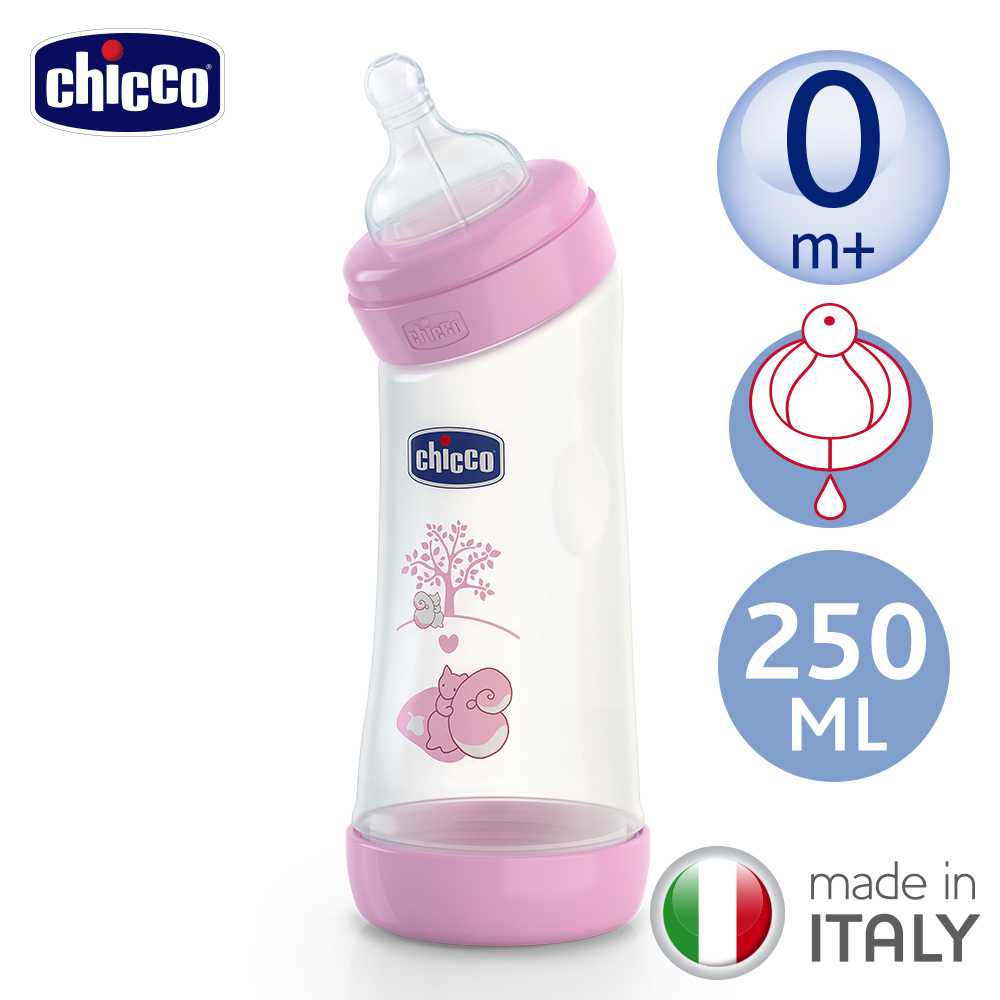 chicco-舒適哺乳-甜美女孩彎式矽膠PP大奶瓶250ml(小單孔0m+)
