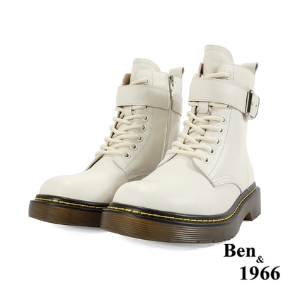 Ben&1966高級摔紋牛皮撞色線流行綁帶短靴-米白(217082)