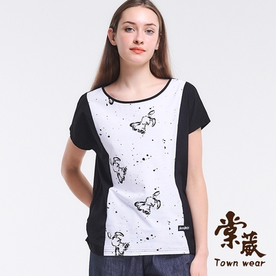 【TOWNWEAR棠葳】純棉潑墨拼接T恤(中大尺碼/女上衣/女上著/棉質/短袖/印圖/印字/休閒/抽繩)