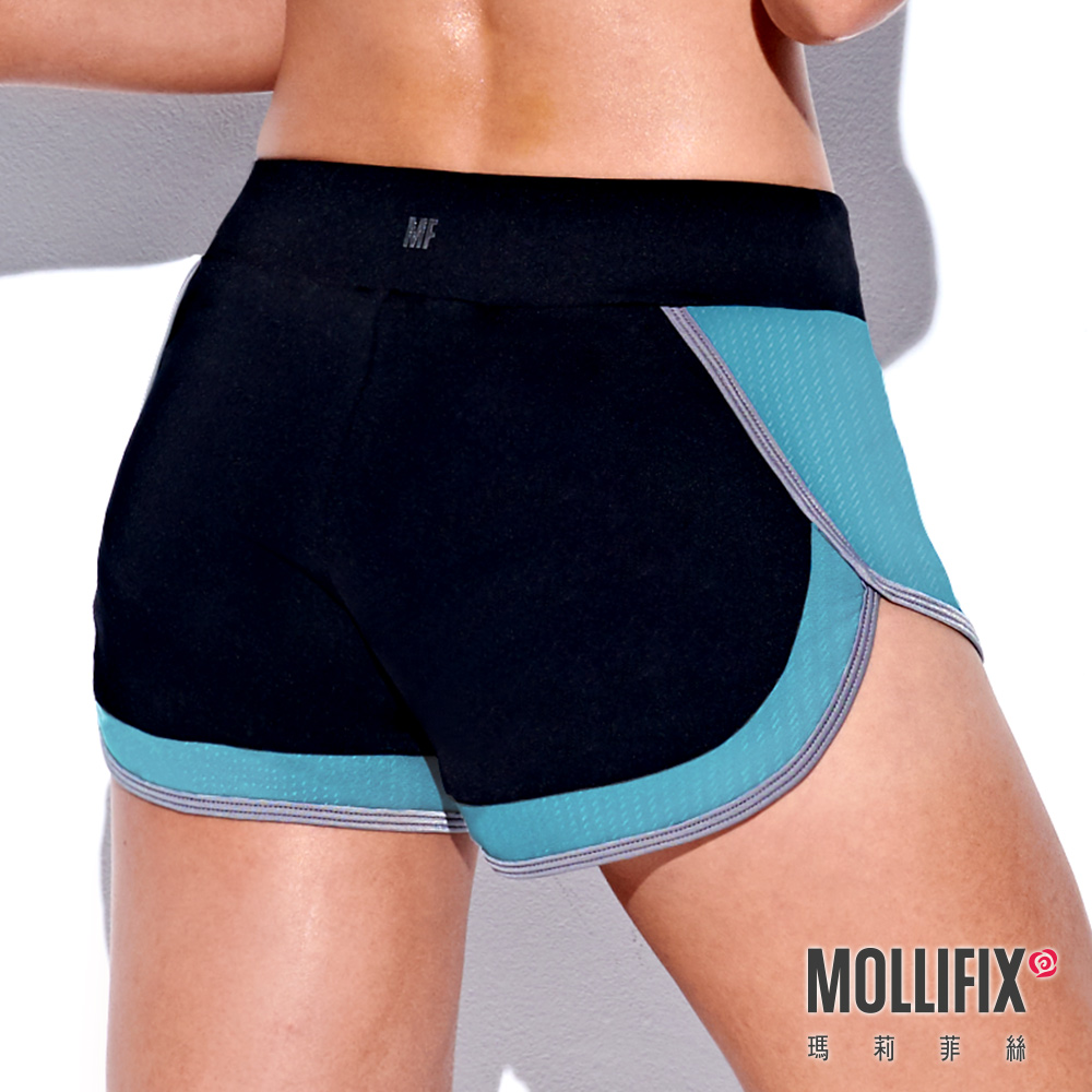 Mollifix 瑪莉菲絲 拼接修身運動短褲 (黑+藍綠)