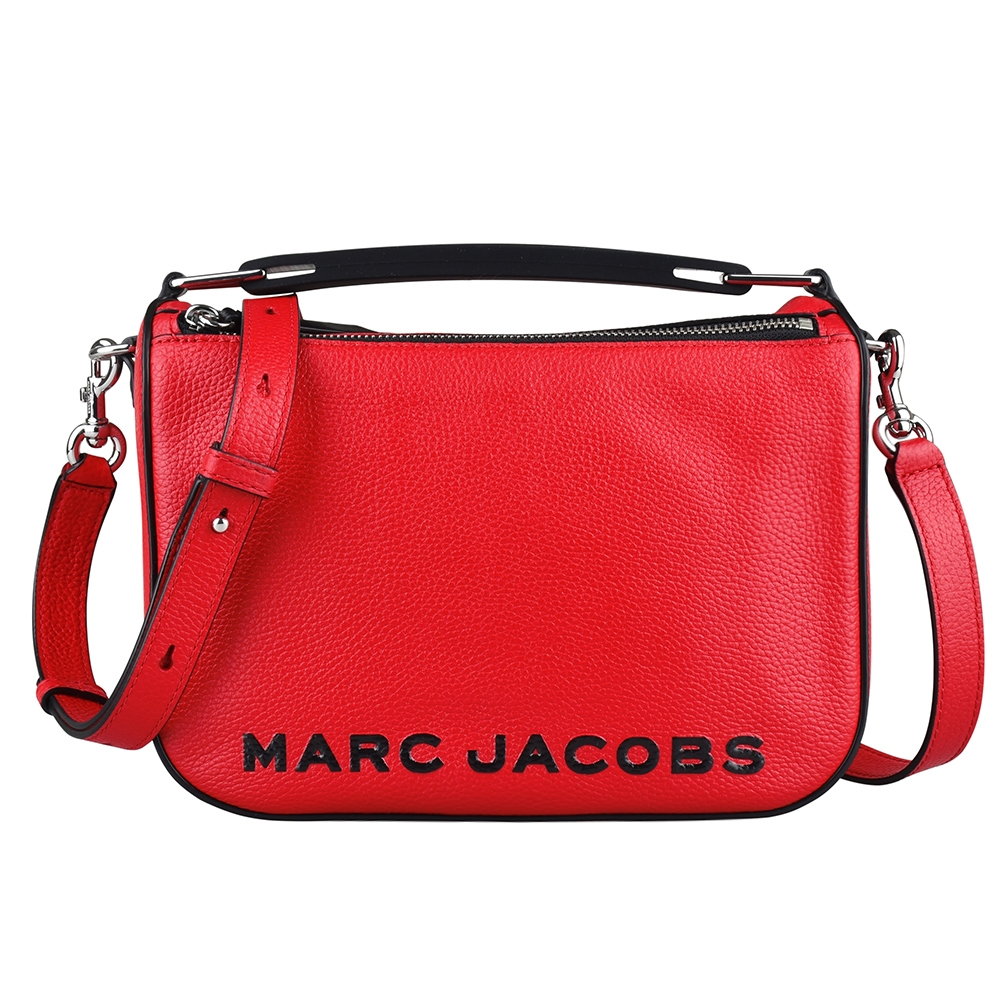 MARC JACOBS THE SOFT BOX 23黑字LOGO荔枝紋牛皮拉鍊手提斜背包(紅)