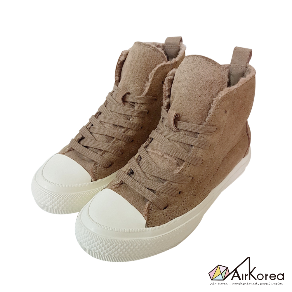 【AIRKOREA韓國空運】內鋪毛氣墊增高高筒拼接帆布鞋-棕-增高6cm