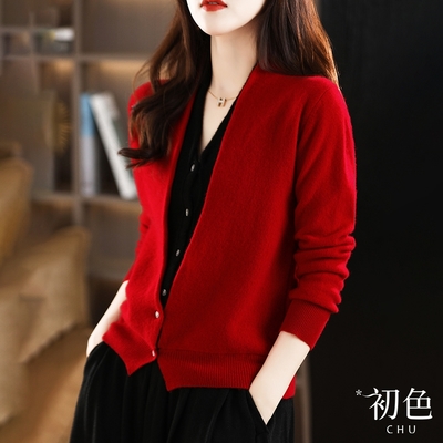 初色 紅黑撞色V領假兩件長袖針織開衫外套女上衣-共2色-30424(F可選)
