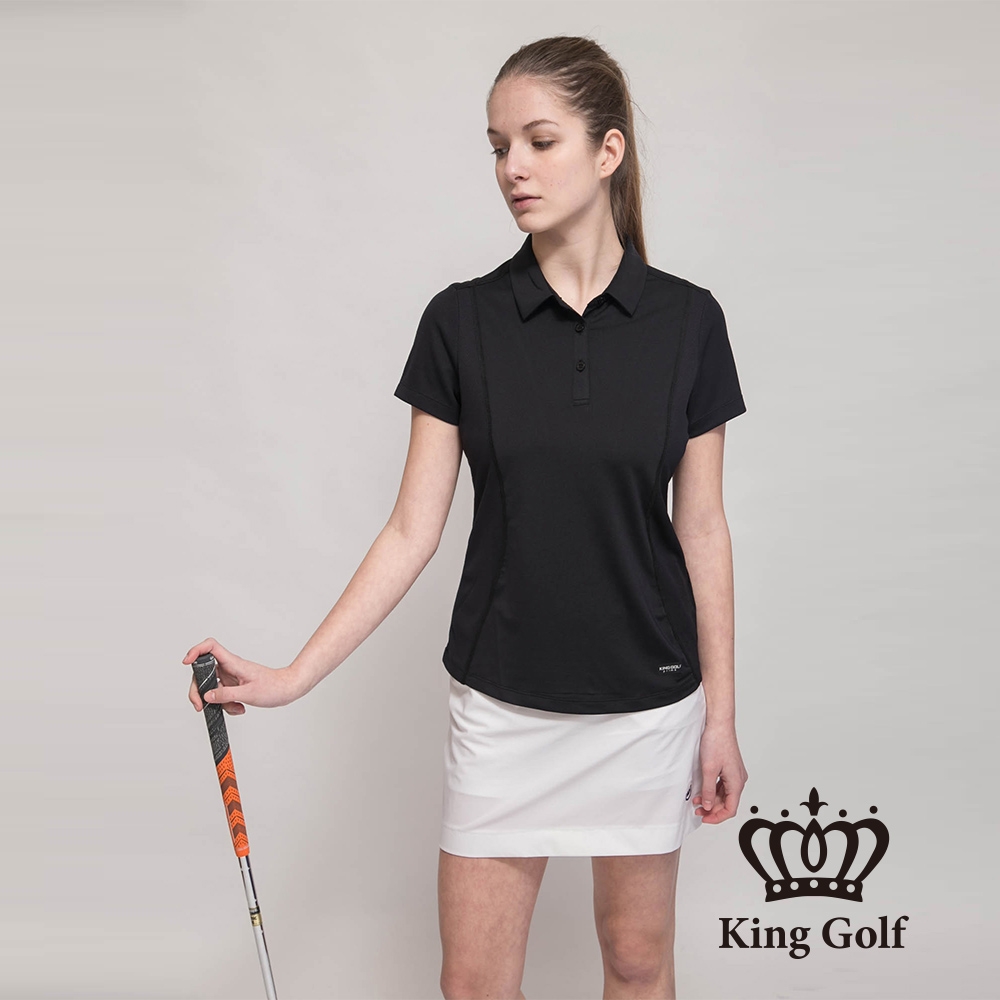 【KING GOLF】女款素面透氣材質拼接造型POLO衫/高爾夫球衫-黑色