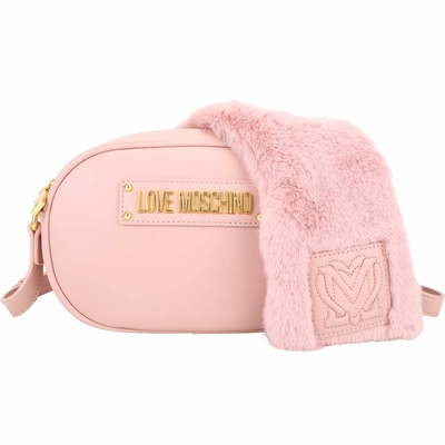 LOVE MOSCHINO 附可拆皮草圍巾皮革斜背相機包(粉色)