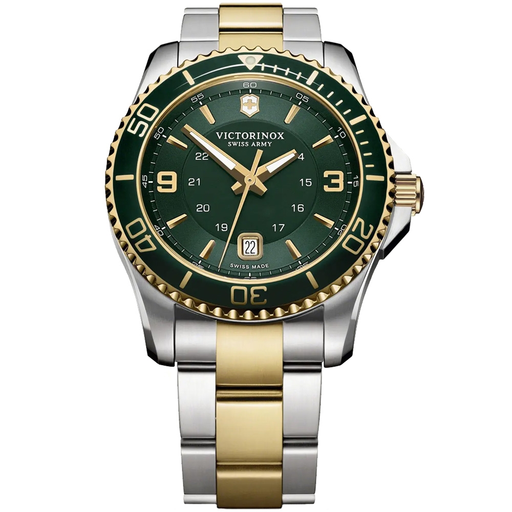 VICTORINOX瑞士維氏 Maverick 雙色潛水石英腕錶-半金綠 43mm / VISA-241605