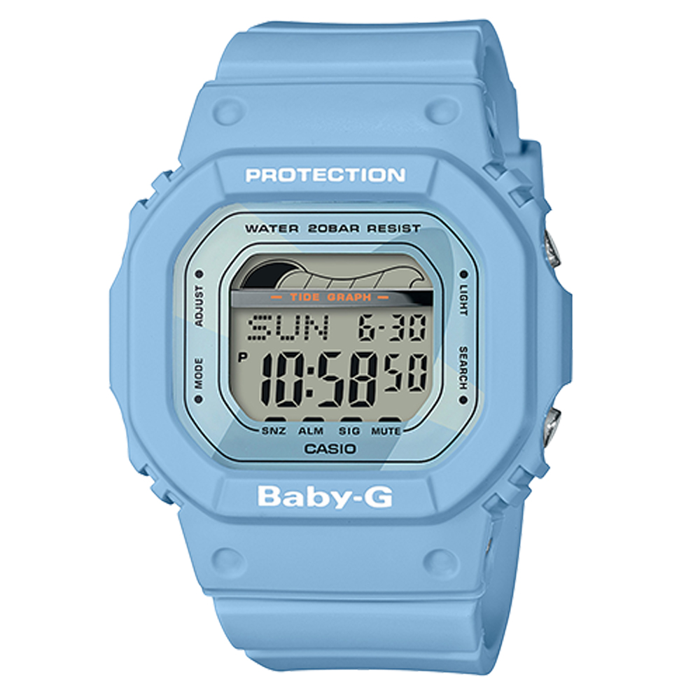 BABY-G復刻經典衝浪板海灘活動設計潮汐月相休閒錶(BLX-560-2)水藍40mm
