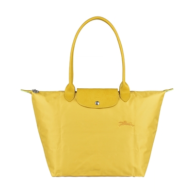 LONGCHAMP Le Pliage Green奔馬LOGO再生尼龍拉鍊肩背包(大/粉黃)