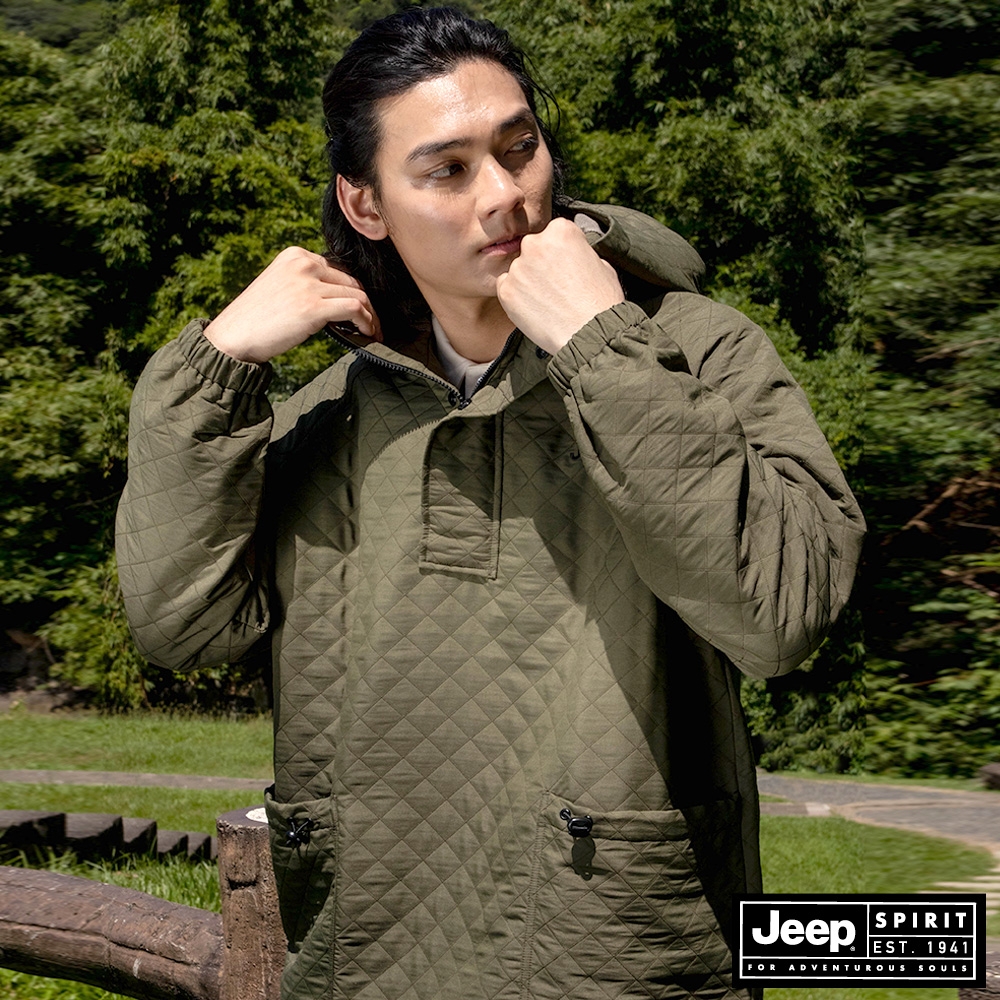 JEEP 男裝 菱紋工裝連帽衝鋒外套-綠色