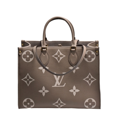 LV M45494經典ONTHEGO MM Empreinte牛皮手提/肩背購物包(斑鳩灰色/奶油色)