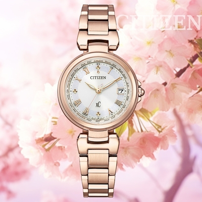 CITIZEN 星辰 xC 亞洲限定 光動能 電波對時櫻花粉紅金淑女錶-27.8mm EC1037-69A 防水50米