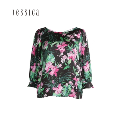 JESSICA - 花卉圓領黑色雪紡七分袖上衣