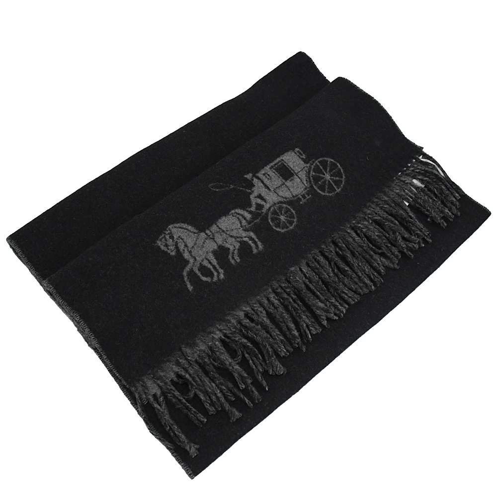 COACH 經典馬車LOGO素色雙面羊絨長圍巾(黑灰)