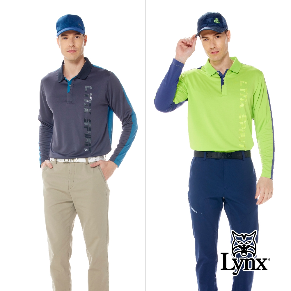 【Lynx Golf】男款合身版吸溼排汗前後異色設計後背LOGO立體印花款長袖POLO衫(二色)