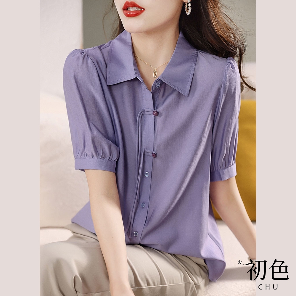 【絕版品出清】初色 甜美泡泡袖復古盤扣短袖襯衫上衣-紫色-67241(M-2XL可選)