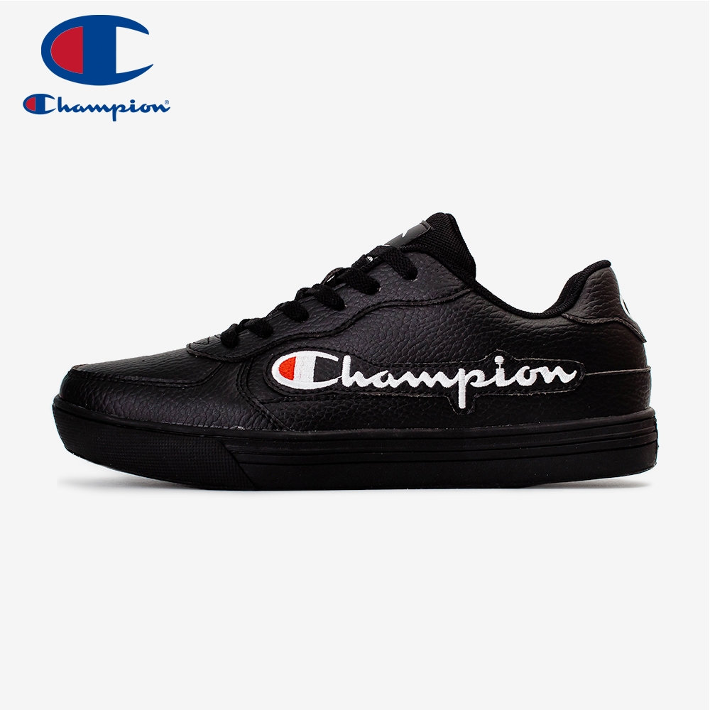 【Champion】C-YESS 2.0 女潮流滑板休閒鞋 黑+白紅刺繡LOGO 荔枝紋 百搭基本款 低調 質感佳(WSUS-2001-11)
