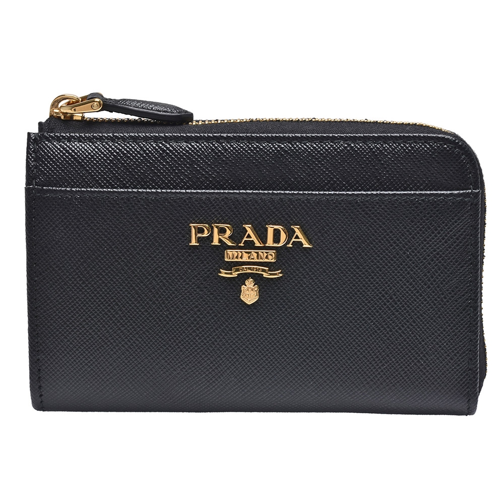 PRADA SAFFIANO三角LOGO防刮牛皮拉鍊零錢包(黑色)