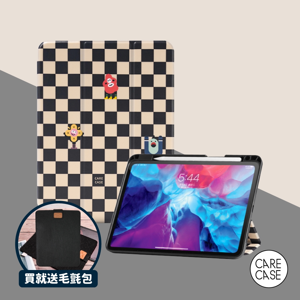 【BOJI波吉】iPad Air 4/Pro 11 通用 保護殼 四角加厚 小怪獸棋盤格(三折式/硬底軟邊/右側筆槽)