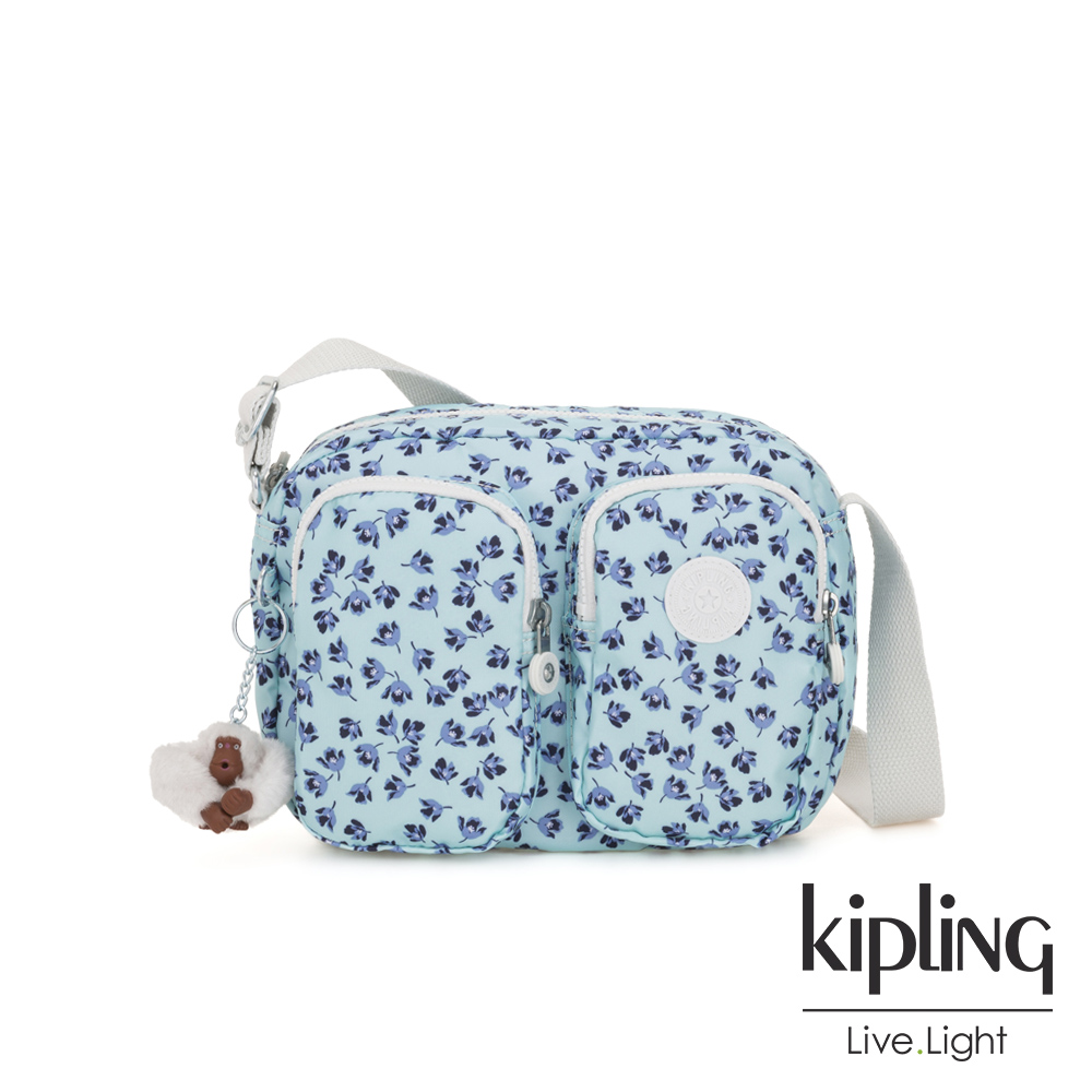 Kipling 典雅淡藍小花雙拉鍊前口袋側背包-PATTI