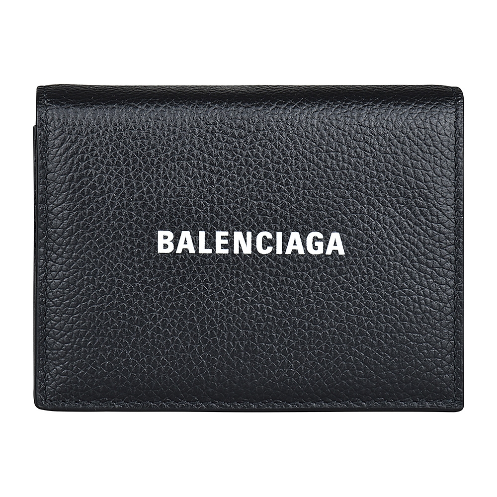 BALENCIAGA白字印花LOGO小牛皮4卡扣式短夾(黑)