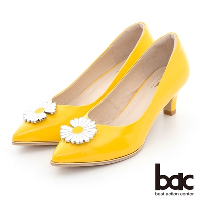 【bac】時髦尖頭小雛菊裝飾漆皮中跟鞋-黃色