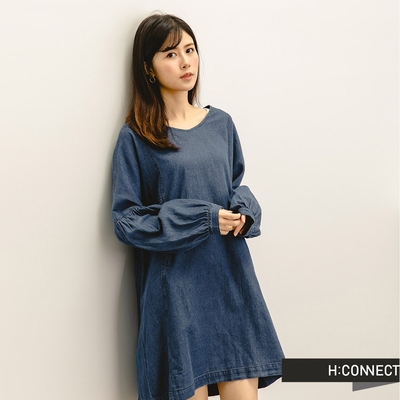 H:CONNECT 韓國品牌 女裝-手袖打褶設計牛仔短洋裝-藍色