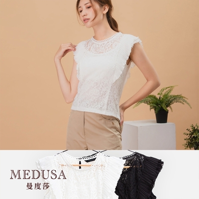 【MEDUSA 曼度莎】小百褶寬肩緹花蕾絲上衣（M-XL）｜女裝 背心上衣 蕾絲上衣｜婚禮禮服 婚宴穿搭