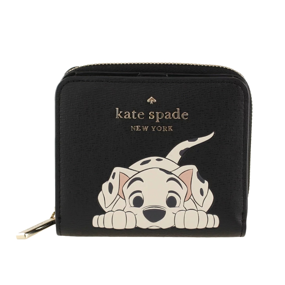 KATE SPADE 迪士尼聯名101忠狗皮革對開ㄇ型拉鍊釦式短夾(黑色) | 美日 