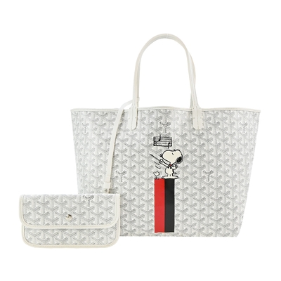 GOYARD SNOOPY 聯名款條紋塗料帆布LOGO子母購物包-小/白/紅黑