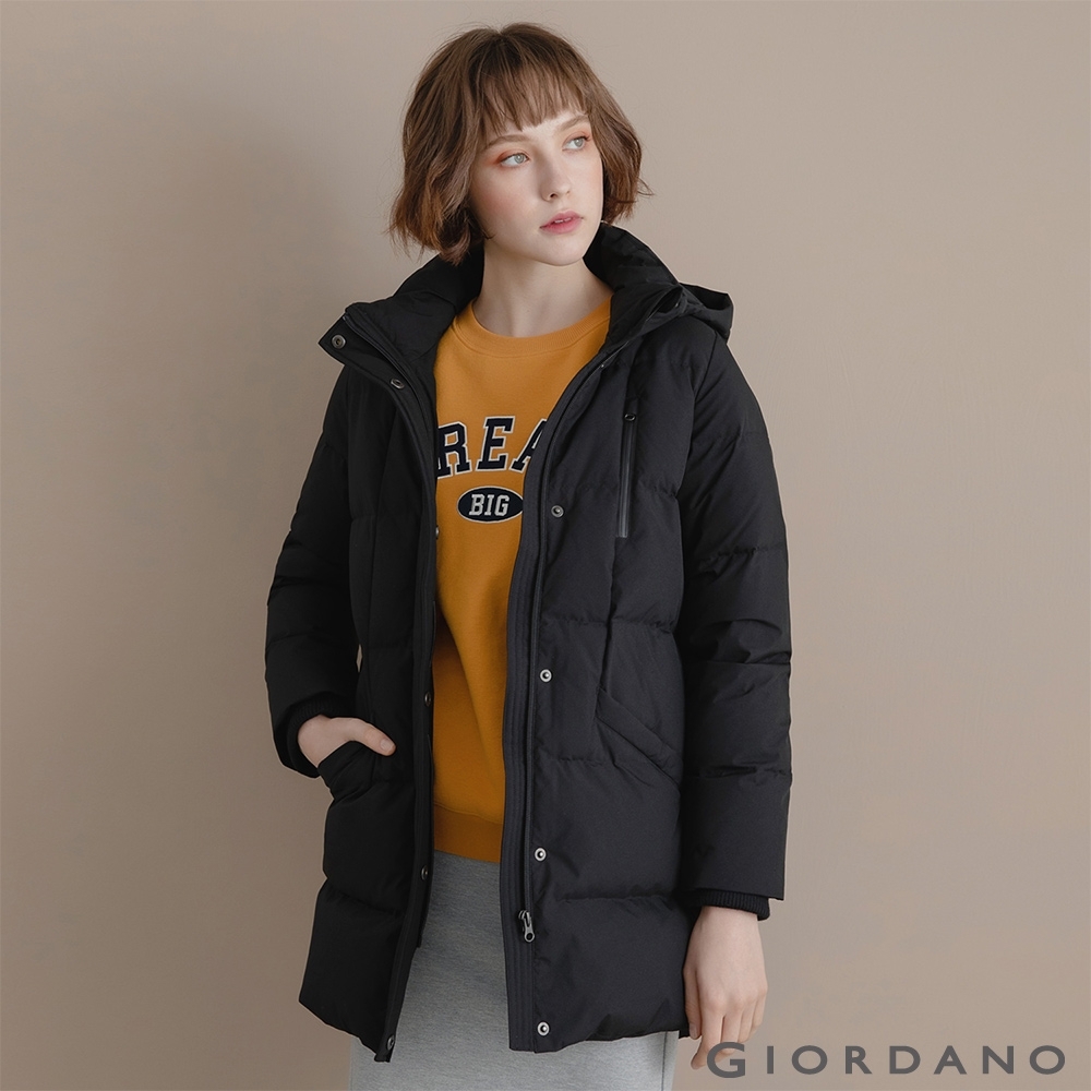 Giordano 女裝中長版連帽羽絨外套 09 標誌黑 羽絨外套 Yahoo奇摩購物中心