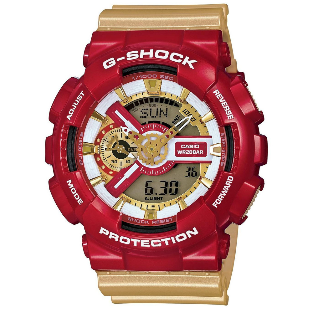 G-SHOCK 超級英雄聯盟鋼鐵人雙顯錶(GA-110CS-4A)-火焰紅/金色/51.2mm