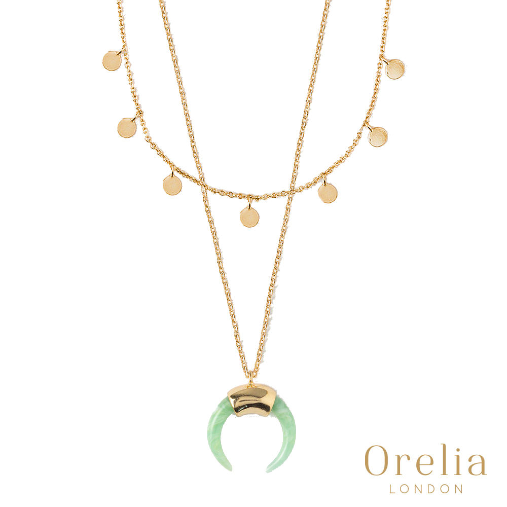 Orelia 英國倫敦 MINI COIN & HORN 淡綠牛角瑪瑙層次鍍金項鍊