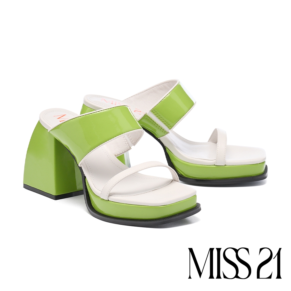 拖鞋 MISS 21 微酷個性撞色寬帶水台大方頭胖胖高跟拖鞋－綠