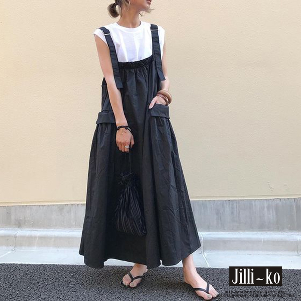 JILLI-KO 日系夏季中長款減齡大口袋棉質吊帶裙- 黑色