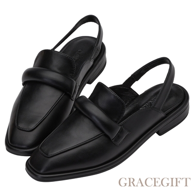 【Grace Gift】逸歡聯名-澎澎雲朵條帶後空樂福鞋 黑