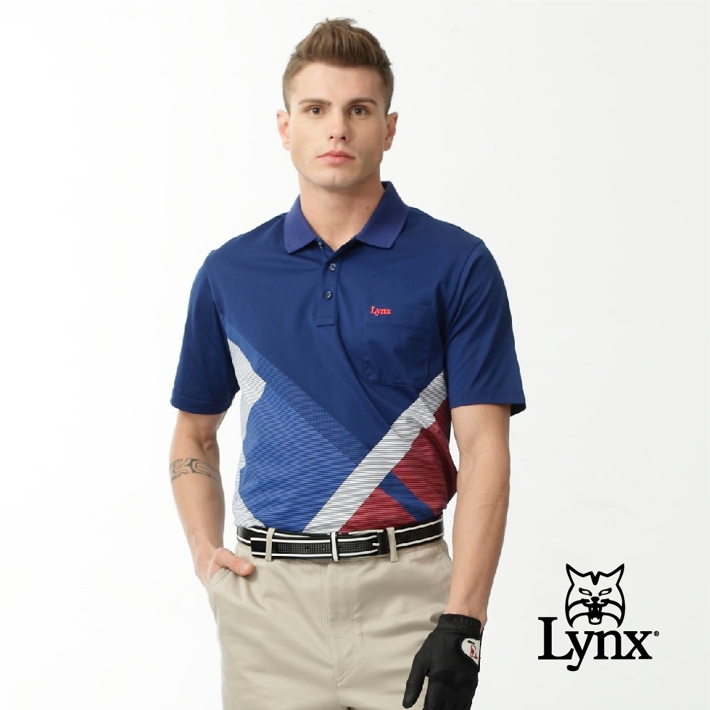 【Lynx Golf】男款冰涼舒適吸汗速乾幾何條紋胸袋短袖POLO衫-深藍色