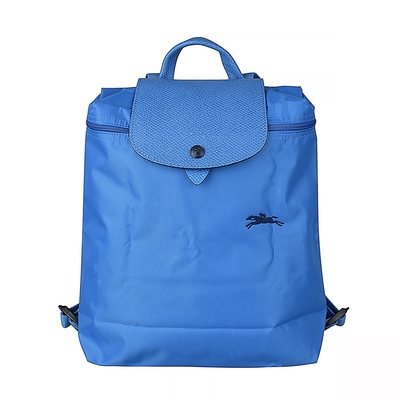 LONGCHAMP Le Pliage Club經典刺繡LOGO防水尼龍後背包(水藍x深藍)