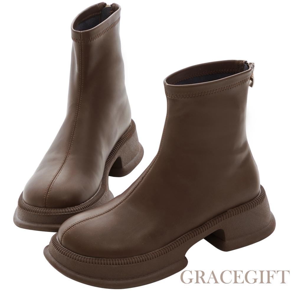 【Grace Gift】瘦瘦比例厚底彈力靴 咖