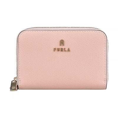 FURLA Camelia拱門字母LOGO牛皮2卡拉鍊零錢包(糖果玫瑰粉x芭蕾粉)