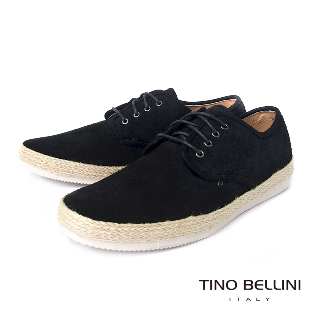 TINO BELLINI 男款 牛皮草編拼接綁帶休閒鞋-黑