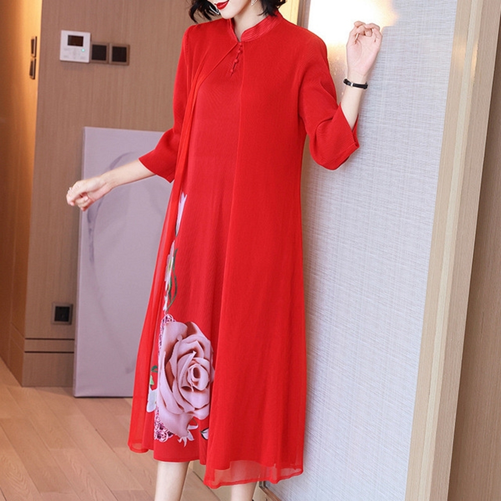 中國風復古玫瑰印花假兩件旗袍洋裝-F-糖潮