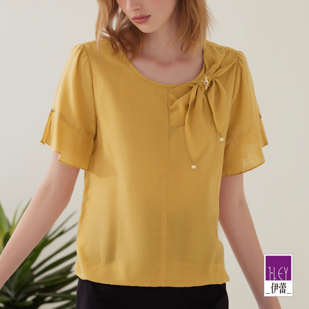 ILEY伊蕾 優雅提織蝴蝶結領造型萊賽爾纖維上衣(黃色；M-XL)1232211102