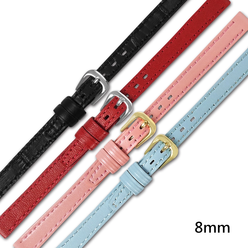 Watchband / 8mm / 各品牌通用 簡約質感 不鏽鋼扣頭 真皮錶帶 黑/紅/藍/粉