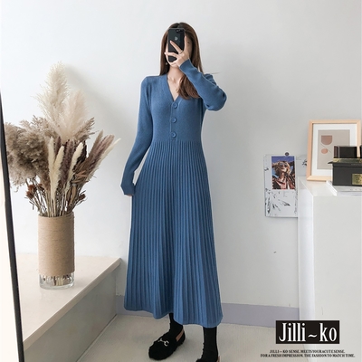 JILLI-KO 收腰顯瘦V領針織連衣裙女百褶A字長裙長洋裝- 卡其/藍