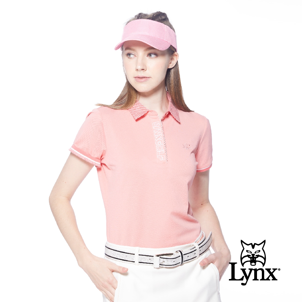 【Lynx Golf】女款吸濕排汗格紋領片門襟繡花設計短袖POLO衫-粉橘色